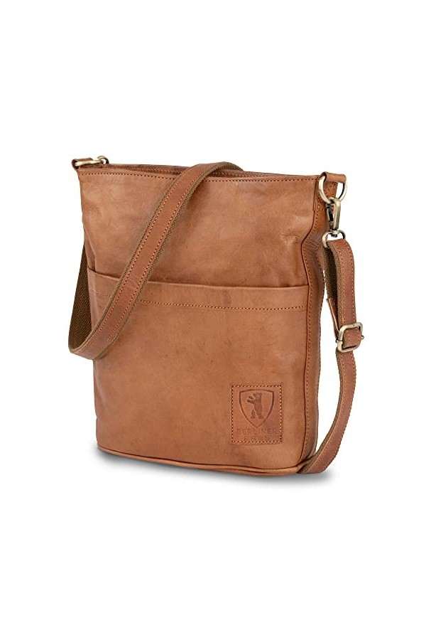 Berliner Bags Vintage Sac à Main en Cuir Sofia, Cabas Sac Bandoulière avec 2 Sangles pour Femme - Marron