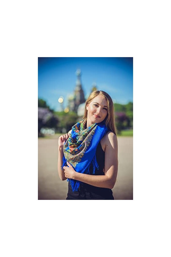 Belle Authentique Russe Pavlovo Posad Écharpe Châle Vintage Folk 100% Laine avec franges en laine, bleu, 89cm x 89cm