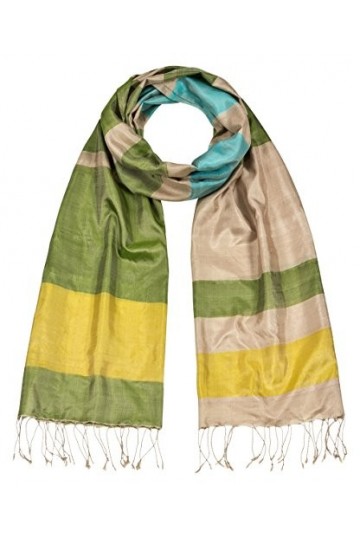 Maharanis Foulard en soie tissé à la main Fairtrade pur, rayures naturelles, turquoise, 59 x 190 cm