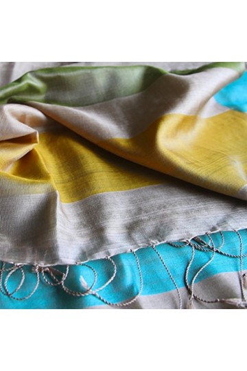 Maharanis Foulard en soie tissé à la main Fairtrade pur, rayures naturelles, turquoise, 59 x 190 cm