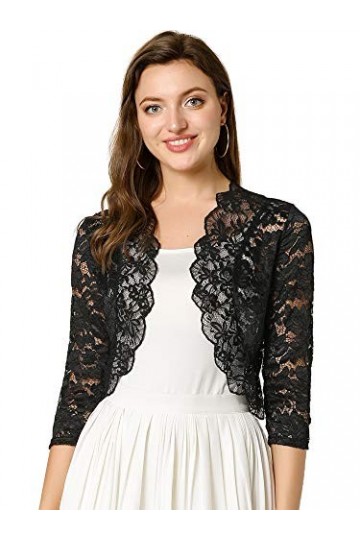 Allegra K Cardigan pour femme à manches 3/4 transparent avec dentelle florale - Noir - 36