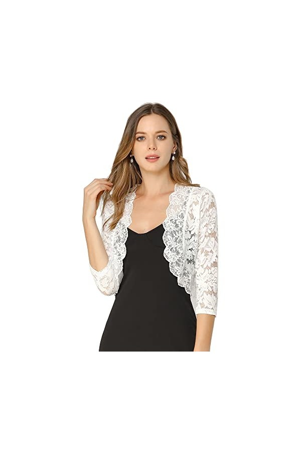 Allegra K Cardigan pour femme à manches 3/4 transparent avec dentelle florale - Noir - 36