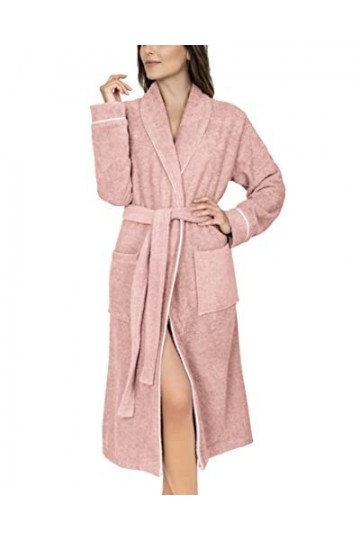 LAYNENBURG Peignoir femme éponge - col châle - long - 100% coton 360g/m2 - OEKO TEX Standard 100 - Taille XL, Rose 