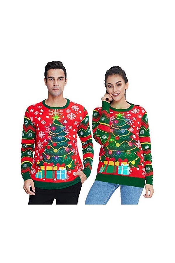 UNIFACO Homme Pulls de Noël Lumineux, Chandail de Noël Clignotant Drôle pour Femme, Pulls de Moche Noël Tricoté Hiver Sweat à