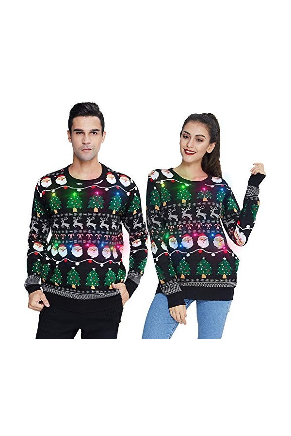 UNIFACO Homme Pulls de Noël Lumineux, Chandail de Noël Clignotant Drôle pour Femme, Pulls de Moche Noël Tricoté Hiver Sweat à
