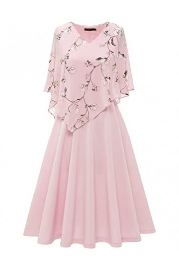 DRESSTELLS Robe de Cocktail Femme avec Cape en Mousseline Superposition Col en V, Robe de Soirée Chic et Élégante pour Fête, 