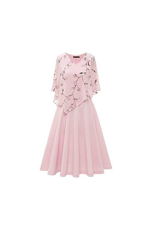 DRESSTELLS Robe de Cocktail Femme avec Cape en Mousseline Superposition Col en V, Robe de Soirée Chic et Élégante pour Fête, 