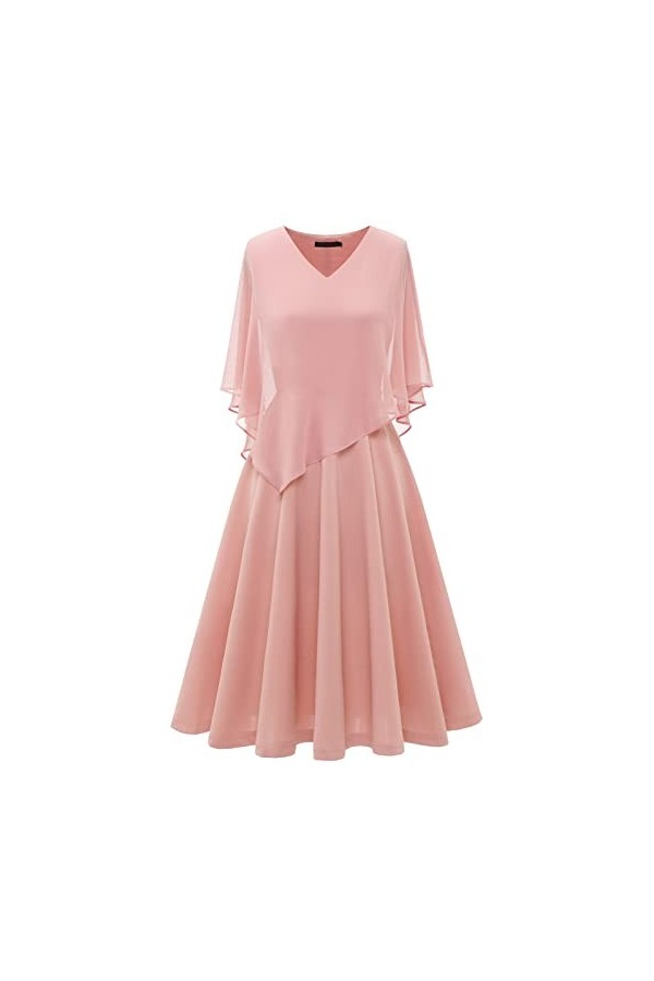 DRESSTELLS Robe de Cocktail Femme avec Cape en Mousseline Superposition Col en V, Robe de Soirée Chic et Élégante pour Fête, 