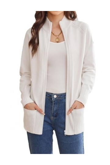 GRACE KARIN Cardigan Femme Long Col Montant Chic Gilet Long à Zipper Taille Elastique avec Poches Beige -2 L