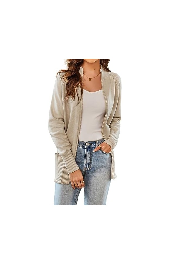 GRACE KARIN Cardigan Femme Long Col Montant Chic Gilet Long à Zipper Taille Elastique avec Poches Beige -2 L