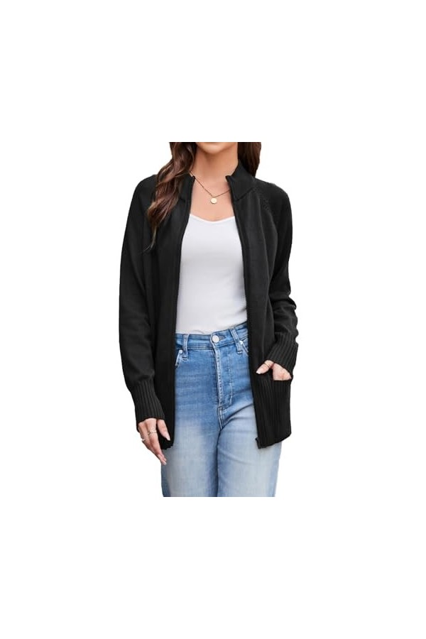 GRACE KARIN Cardigan Femme Long Col Montant Chic Gilet Long à Zipper Taille Elastique avec Poches Beige -2 L