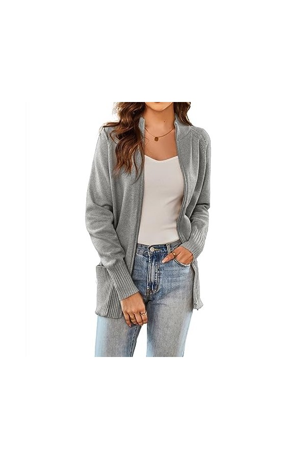 GRACE KARIN Cardigan Femme Long Col Montant Chic Gilet Long à Zipper Taille Elastique avec Poches Beige -2 L