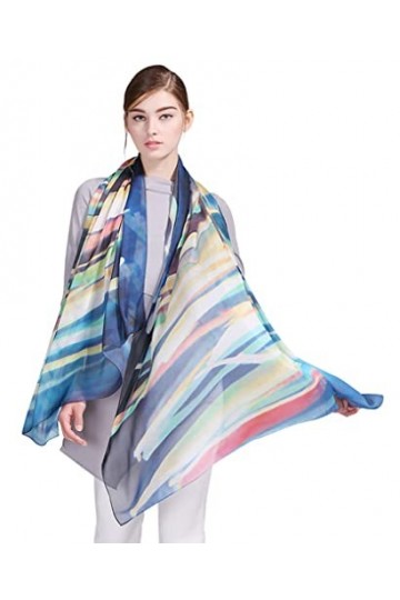 Prettystern XL Femme Printemps Été foulard en soie imprimé Multicolore paréo étole Sarong de plage châle Coup de pinceau colo