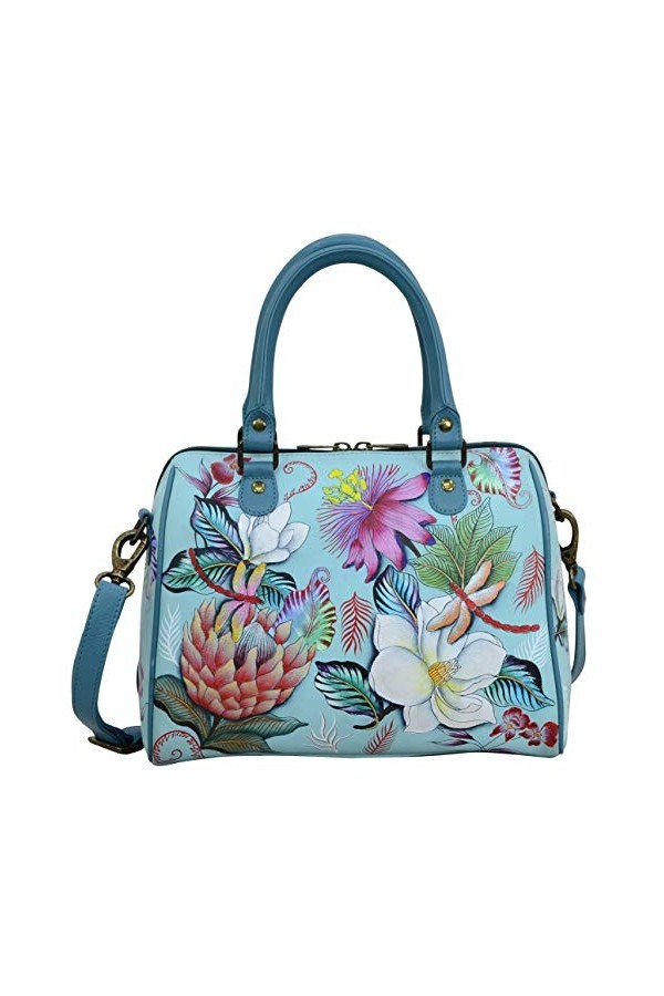 Anuschka Cartable classique en cuir peint à la main avec fermeture éclair sur le pourtour pour femme Bleu jardin