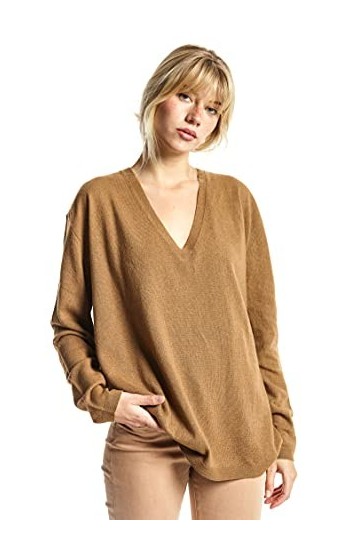 ETERKNITY - Pull Oversize col en V pour Femme en Fibres Recyclées, Camel, L