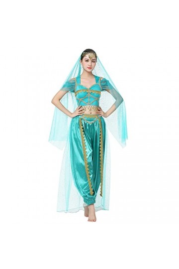 IWEMEK Femmes Aladdin Costume Adulte Arabe Jasmin Princesse Déguisement Ensemble de Vêtements Hauts et Pantalons avec Coiffe 