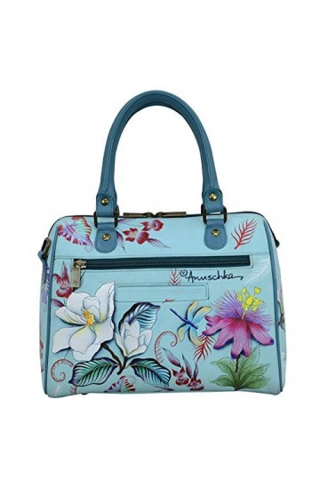 Anuschka Cartable classique en cuir peint à la main avec fermeture éclair sur le pourtour pour femme Bleu jardin