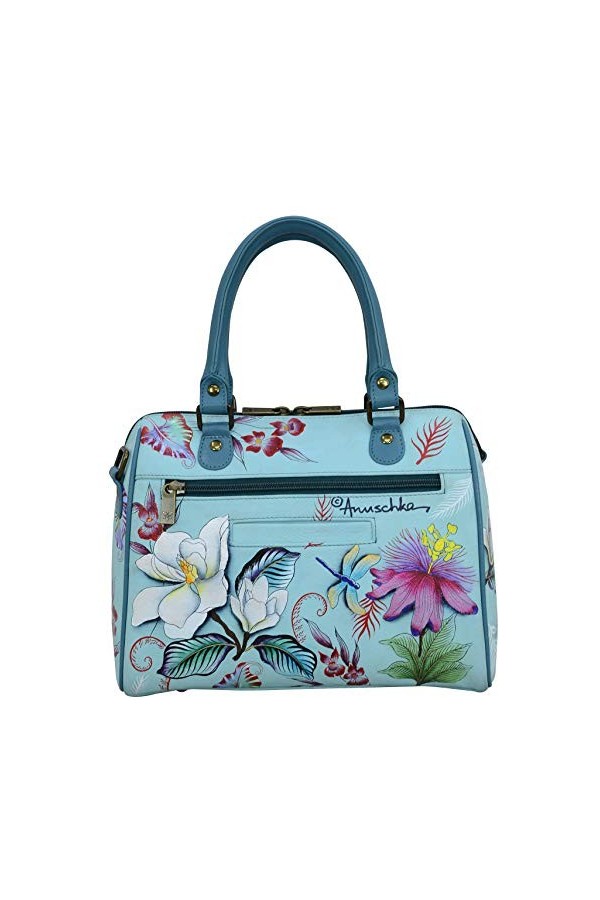 Anuschka Cartable classique en cuir peint à la main avec fermeture éclair sur le pourtour pour femme Bleu jardin