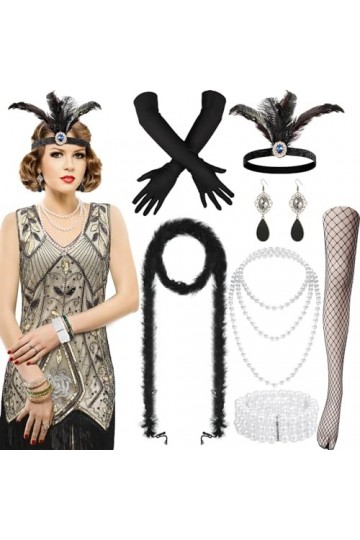 Hestya Ensemble d’Accessoires de Costume des Années 1920 Robe Flapper à Paillettes Robe à Franges Perlées Robe à Col en V Dég