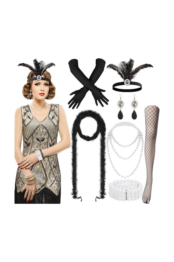 Hestya Ensemble d’Accessoires de Costume des Années 1920 Robe Flapper à Paillettes Robe à Franges Perlées Robe à Col en V Dég