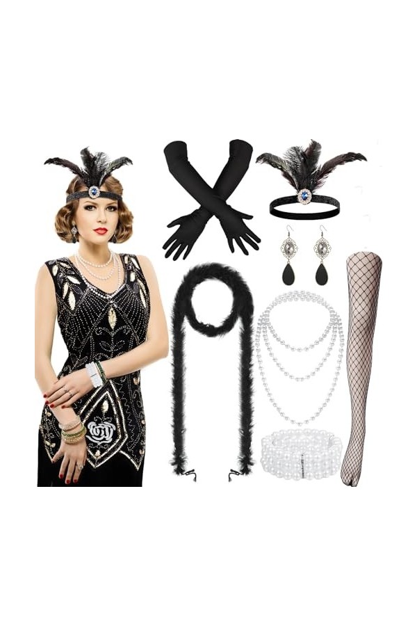 Hestya Ensemble d’Accessoires de Costume des Années 1920 Robe Flapper à Paillettes Robe à Franges Perlées Robe à Col en V Dég