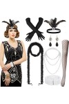 Hestya Ensemble d’Accessoires de Costume des Années 1920 Robe Flapper à Paillettes Robe à Franges Perlées Robe à Col en V Dég