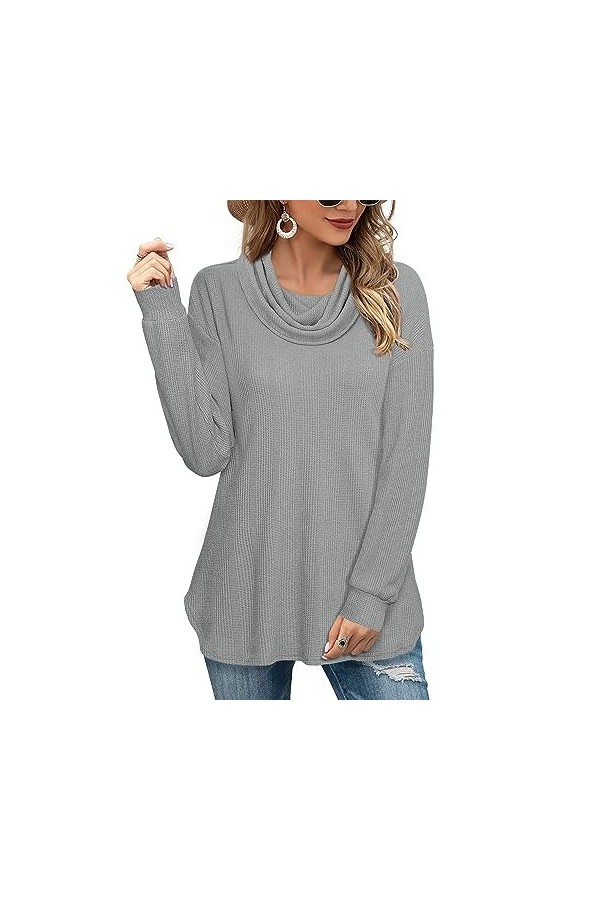 Vafoly Sweatshirt Femme Col Châle Pull Femme Hiver Chaud Manches Longues Tricot Pull, Bleu gris, L