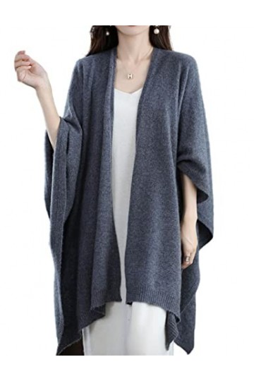 Poncho châle pour femme, grande taille, 100 % laine mérinos, pour lautomne et lhiver, gris foncé, taille unique