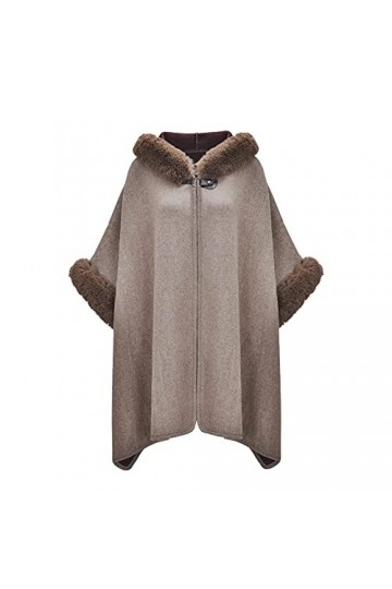 ZLYC Hiver Fausse Fourrure Cape Chaud Tricoté Ponchos Châles à Capuche Café ,Taille unique