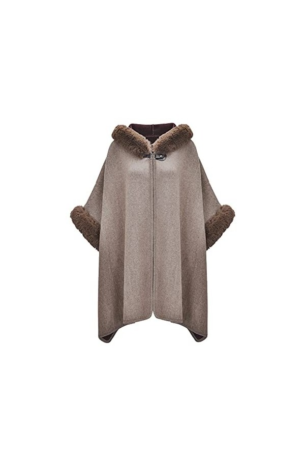 ZLYC Hiver Fausse Fourrure Cape Chaud Tricoté Ponchos Châles à Capuche Café ,Taille unique