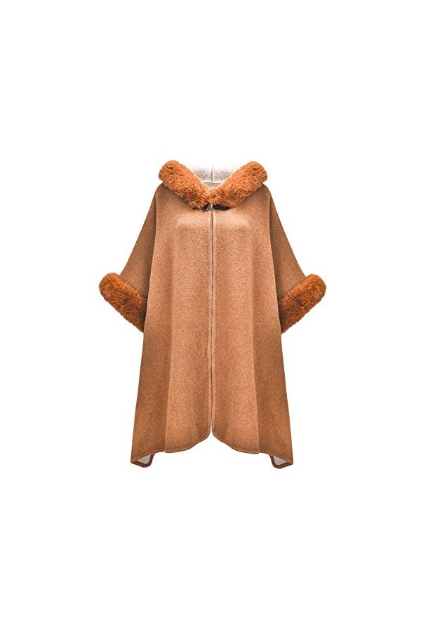 ZLYC Hiver Fausse Fourrure Cape Chaud Tricoté Ponchos Châles à Capuche Café ,Taille unique