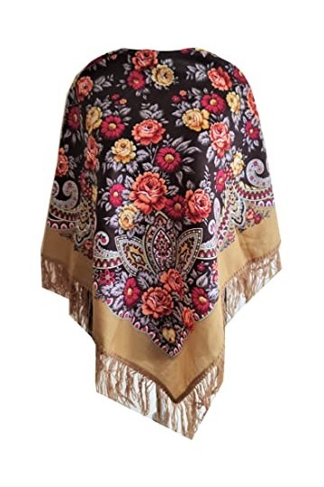 Belle authentique marron russe Pavlovo Posad Femme Echarpe Châle Etole Paisley Folk 100% laine avec des franges de laine 89cm