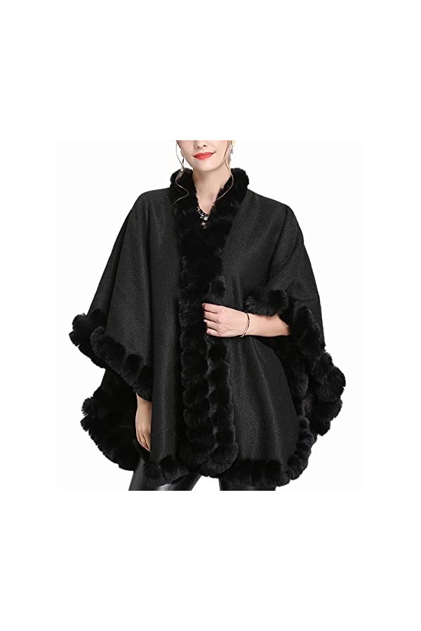 Femmes Cardigan Poncho Fausse Fourrure de Lapin Cape Wrap Laine Chaud Châle, noir, Taille Unique