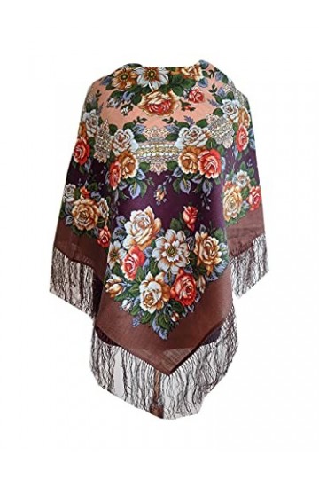 Pavlovo Châle authentique russe pour femme 100 % laine avec franges en soie 89 x 89 cm - Marron -