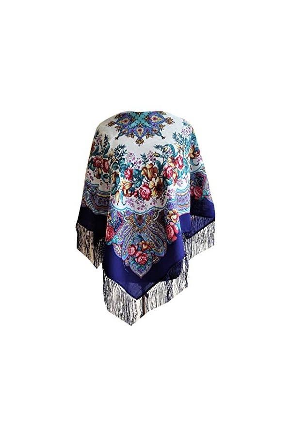 Belle authentique bleu russe Pavlovo Posad Femme Echarpe Châle Etole Paisley Folk 100% laine avec des franges de soie 89cm x 