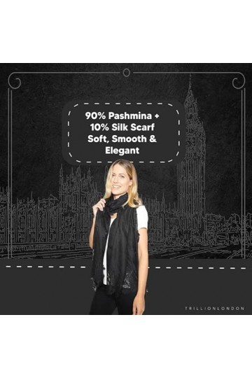 Trillion London® Écharpe pashmina | Foulard imprimé floral noir | Écharpe de cou en soie pour femme | Foulards légers | Châle