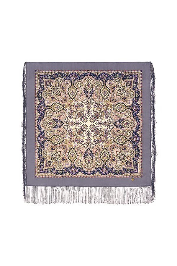 Écharpe Pawlow Pavlovo Posad - Pour femme - 100 % laine - Avec cachemire et fleurs - Avec franges en soie - Qualité supérieur