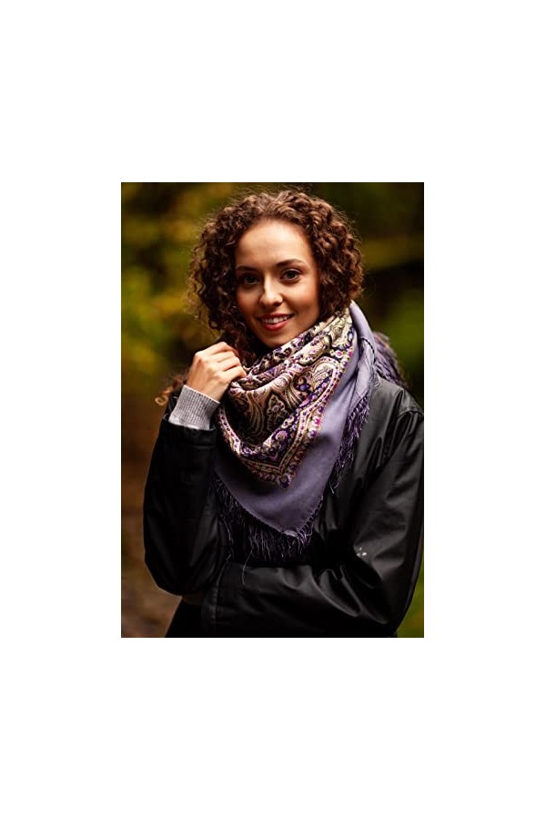 Écharpe Pawlow Pavlovo Posad - Pour femme - 100 % laine - Avec cachemire et fleurs - Avec franges en soie - Qualité supérieur