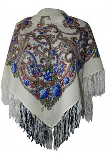 Belle authentique ivoire russe Pavlovo Posad Femme Echarpe Châle Etole Paisley Folk 100% laine avec des franges de soie 89cm 