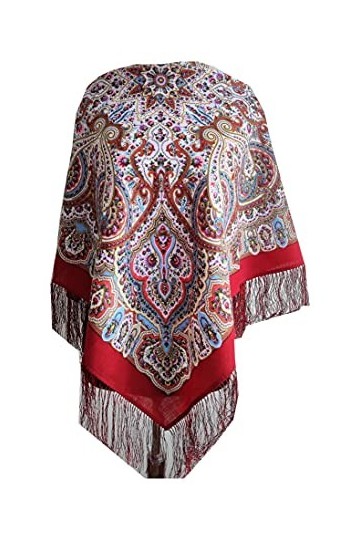 Pavlovo Écharpe châle russe authentique 100 % laine avec franges en soie 89 x 89 cm - Rouge - Taille unique