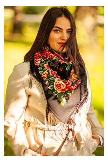 Belle authentique noir russe Pavlovo Posad Femme Echarpe Châle Etole Paisley Folk 100% laine avec des franges de soie 89cm x 