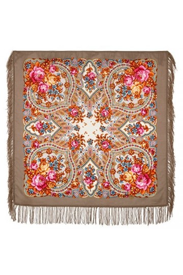 Pavlovo Posad Shawl Manufactory Écharpe russe pour femme 100 % laine, avec cachemire et fleurs, avec franges en laine, étole 