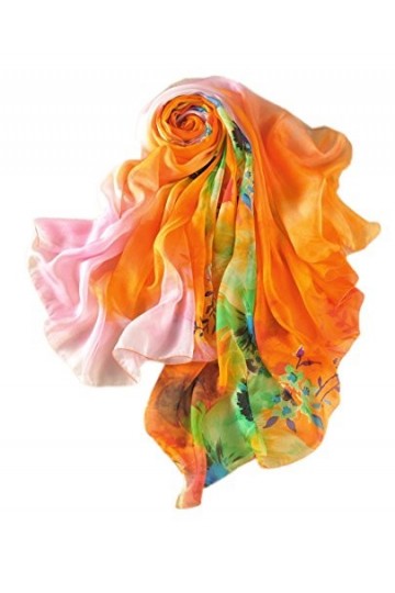 prettystern - Foulard Écharpe Femme étole 100% Soie XXL Oversize Été Imprimé À Fleur 200cm X 135cm - orange