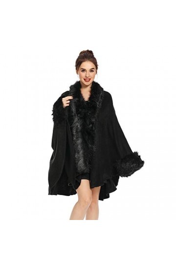 ZLYC Hiver Femme Fausse Fourrure Cape Chaud Tricoté Ponchos Châles Noir ,Taille Unique