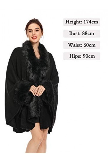 ZLYC Hiver Femme Fausse Fourrure Cape Chaud Tricoté Ponchos Châles Noir ,Taille Unique