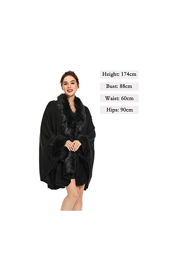 ZLYC Hiver Femme Fausse Fourrure Cape Chaud Tricoté Ponchos Châles Noir ,Taille Unique