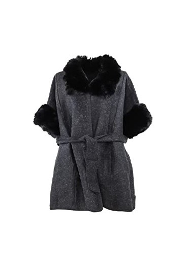 QUEEN HELENA Poncho dhiver chaud doux avec fourrure manteau enveloppant châle fourrure manteau élégant femme MT03, Noir , Ta