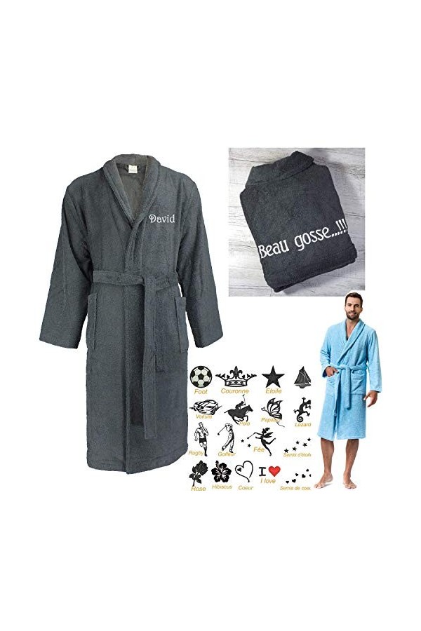 Peignoir de bain douche ANTHRACITE personnalisé et brodé avec un prénom, col chale, femme homme, 17 motifs