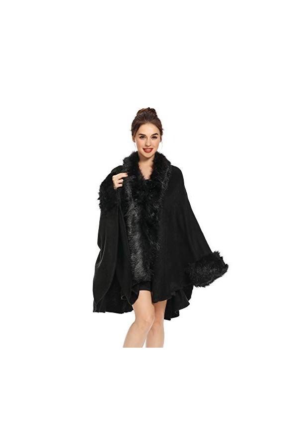 ZLYC Hiver Femme Fausse Fourrure Cape Chaud Tricoté Ponchos Châles Noir ,Taille Unique