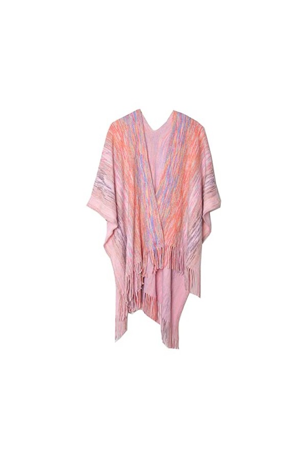 MXDVSN Châle tricoté pour femme - Ponchos - Hauts pour femme - Rayures - Pompons - Écharpe chaude ouverte sur le devant - Aut